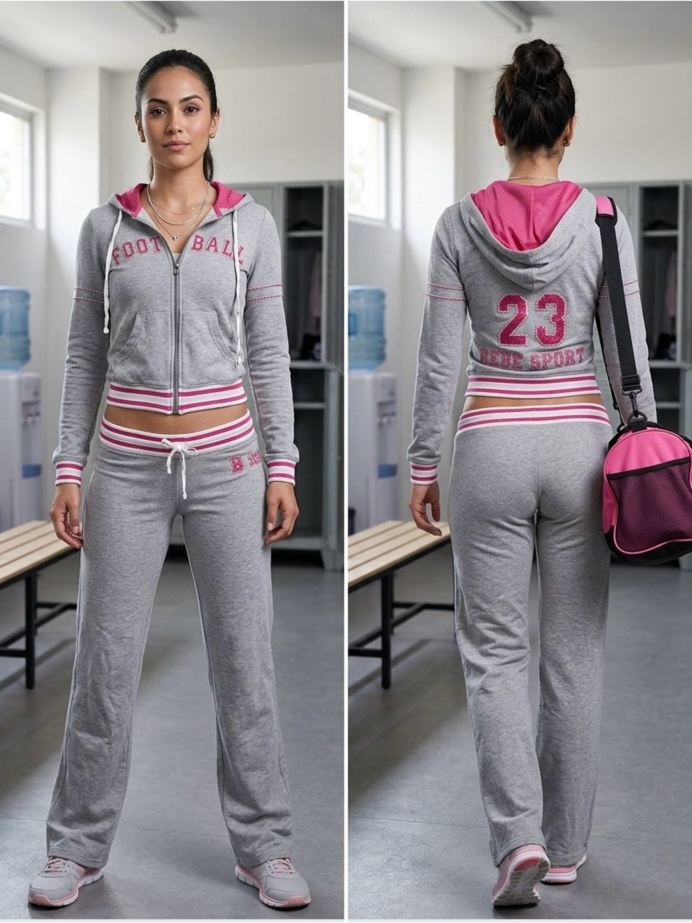 Bebe Sport Football 23 Rhinestone Tracksuit Set Gray & Pink